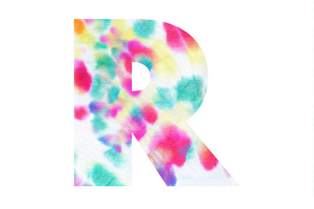 Initial letter R with abstract hand-painted tie dye texture. Isolated on white background. Illustration for headline and logo designの写真素材