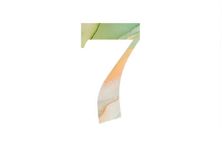 Decorative numeral 7 with abstract hand-painted alcohol ink texture. Isolated on white background. Illustration for emblem and designの写真素材