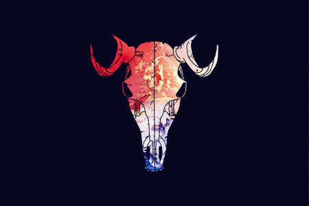 Animal skull silhouette with abstract hand-painted alcohol ink texture. Isolated on black background. Illustration for t-shirt designの写真素材