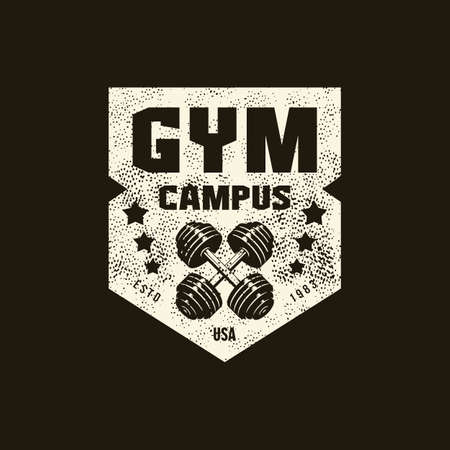 Gym club sport emblem with retro texture. Graphic design for t-shirt. White print on black background. Vector illustrationのイラスト素材