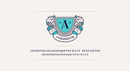 Vermouth emblem and decorative serif font. Letters and numbers for logo and label design. Vector illustrationのイラスト素材
