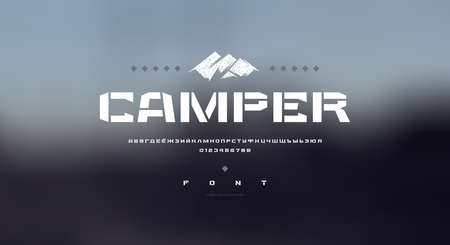 Stencil-plate Cyrillic is wide sans serif font in military-style. Letters and numbers for strong emblem design. Print on blurred background. Vector illustrationのイラスト素材