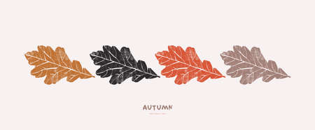 Banner with oak leaves ornament. Vector illustration in hand-drawn linocut styleのイラスト素材
