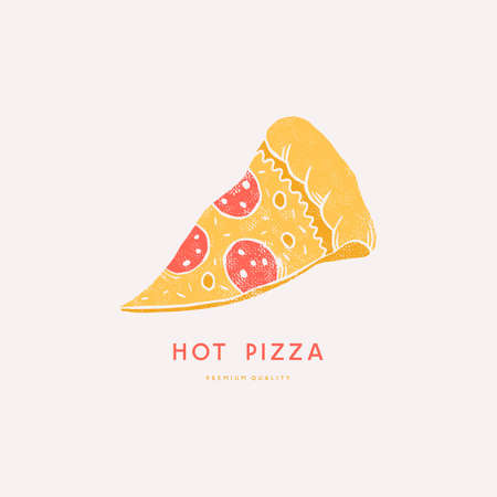 Slice of pepperoni pizza. Vector illustration in linocut styleのイラスト素材