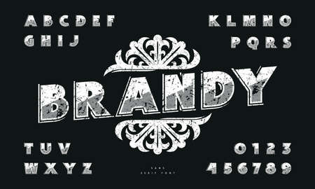 Decorative label for brandy and decorative sans serif font. Textured letters with hatching and shadow. Vector illustration. White print on black backgroundのイラスト素材