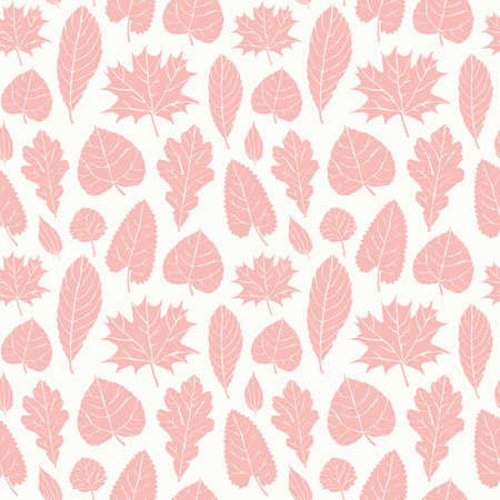 Seamless pattern with tree leaf silhouettes. Vector illustration. Pink print on white backgroundのイラスト素材