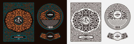Set of template decorative label for gin and other alcohol drink. Ornamental frame in floral retro style. Vector illustrationのイラスト素材