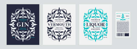 Set of template decorative label for gin, vermouth, liquor and other alcohol drink. Floral ornament in renaissance style. Vector illustrationのイラスト素材