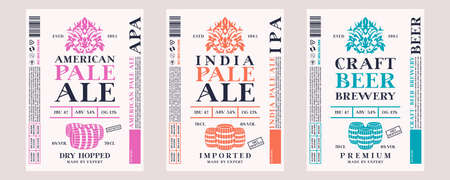 Set of template decorative label for craft beer. American and India pale ale flavor. Floral ornament in retro style. Vector illustration. Color print on white borderのイラスト素材