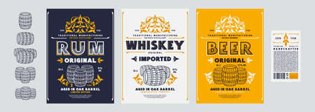 Set of template decorative label for rum, whiskey, beer and other alcohol drink. Floral ornament in renaissance style and barrel icons. Vector illustrationのイラスト素材