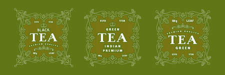 Template set of decorative label for tea. Ornament in outline style. Vector illustrationのイラスト素材