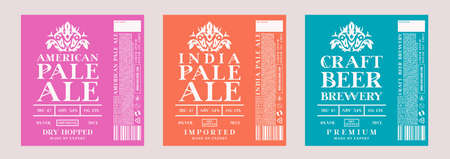 Set of template decorative label for craft beer in modern minimal style. American and India pale ale flavor. Vector illustration. White print on bright color borderのイラスト素材