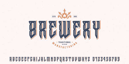 Decorative sans serif font in viking style. Letters and numbers for logo and label design. Vector illustrationのイラスト素材