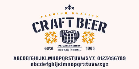 Stencil-plate sans serif font in classic style. Template label for craft beer. Lowercase and uppercase letters and numbers. Bold face. Vector illustrationのイラスト素材