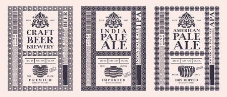 Set of template decorative label for craft beer. Typography with ornamental frame. American and India pale ale flavor. Vector illustrationのイラスト素材