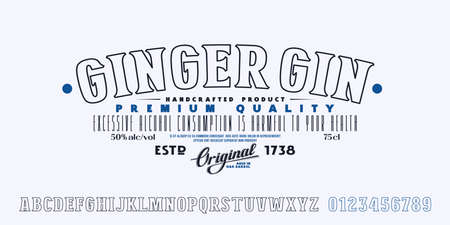 Decorative hollow serif font. Template label for ginger gin. Letters and numbers for logo and headline design. vector illustrationのイラスト素材