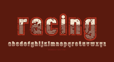 Decorative sans serif font with striped decor. Lowercase letters with vintage texture and t-shirt design. vector illustration. color print on brown backgroundのイラスト素材
