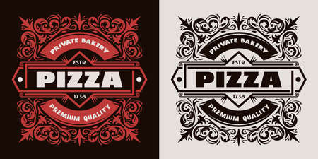 Template decorative label for the pizza box. Design with ornament in retro style. vector illustrationのイラスト素材