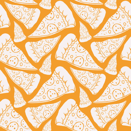 Seamless pattern with pepperoni pizza slices drawn in linocut style. vector illustration. White print on orange backgroundのイラスト素材