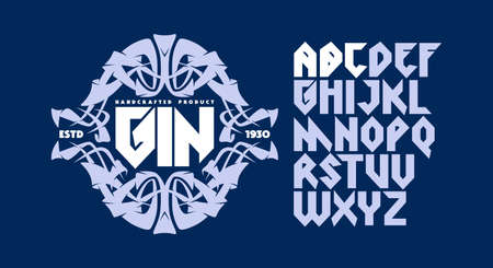 Sans serif font in viking style and template label for gin. Letters for    emblem design.のイラスト素材