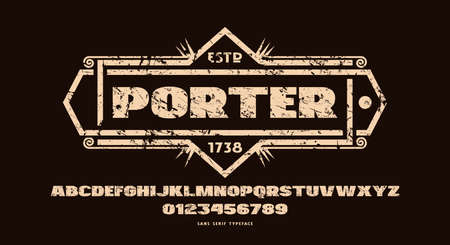 Wide bold sans serif font in classic style. Letters and numbers with vintage texture for  emblem design. White print on black backgroundのイラスト素材