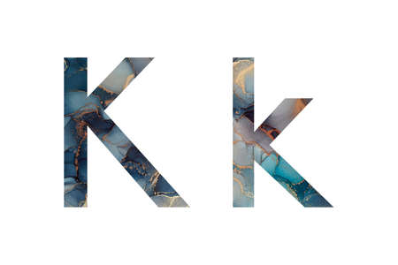 Initial letter K with abstract hand-painted alcohol ink texture. Uppercase and lowercase typeface. isolated on white background. Illustration for headline and  designの写真素材