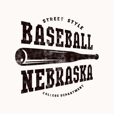 Emblem of Nebraska baseball team in college style. Graphic design for t-shirt. Black print with rough retro texture on white backgroundのイラスト素材