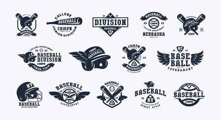 Badges set of softball and baseball tournament. Graphic design for t-shirt. Black print on white backgroundのイラスト素材