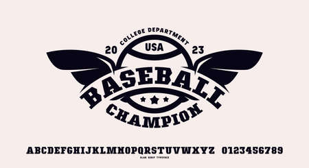 Slab serif font in sport style and baseball emblem for t-shirt. Letters and numbers for   label design. vector illustrationのイラスト素材