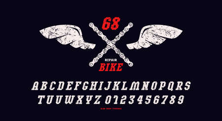 Italic serif font in sport style. Letters and numbers with rough texture for   emblem design. vector illustrationのイラスト素材