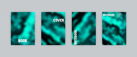 Set of vector cover templates. Black and green colors hand painted alcohol ink blurred background. For flyers, posters and placards designのイラスト素材