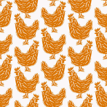 Chicken seamless pattern. Illustration in linocut style. yellow print on white backgroundのイラスト素材