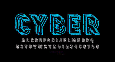Hollow sans serif font with ripples distortion effect. Letters and numbers with rough texture for logo and emblem design. vector illustrationのイラスト素材
