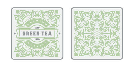 Template decorative label, coaster and tag for green tea and other product. Design with floral ornament in retro style and pastel color. vector illustrationのイラスト素材