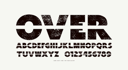 Cross out sans serif font. Boldface. Letters and numbers with rough textured for logo and emblem designのイラスト素材