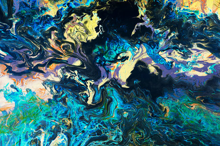 Abstract collage with hand painted fluid art texture. Black, yellow and blue neon colors creative...