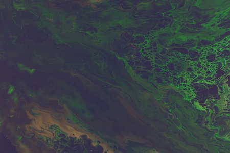 Abstract painting in fluid art technique. Jupiter clouds effect. Green and black color creative...