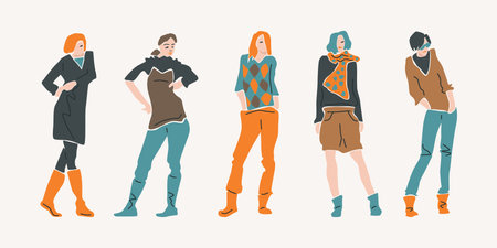 illustration of girls standing in different poses. Hand-drawn graphics. Isolated on white backgroundのイラスト素材