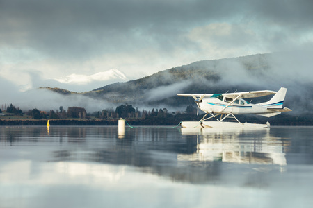 sea plane floating on the sea in winterの写真素材
