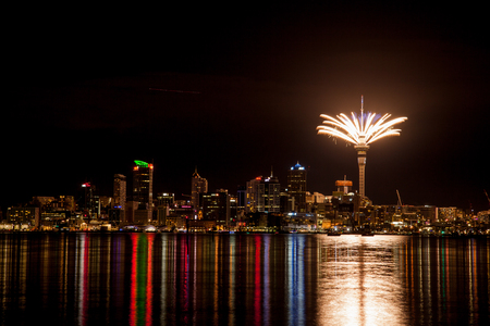 Celebrate with Fireworks on Sky Tower at Auckland, New Zealand on 31 December 2016, Happy New Yearのeditorial素材