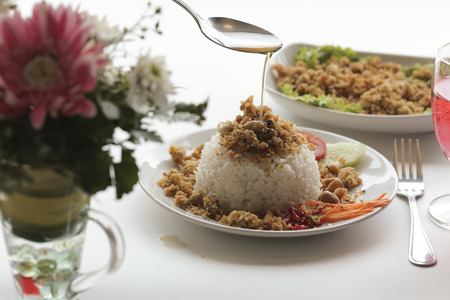 Spicy catfish salad with riceの写真素材