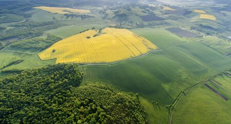 Amazing aerial view of yellow fieldsの写真素材