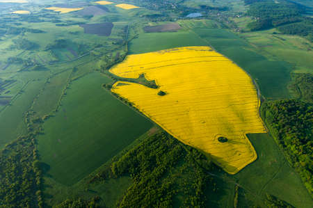 Amazing aerial view of yellow fieldsの写真素材