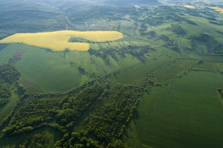 Amazing aerial view of yellow fieldsの写真素材