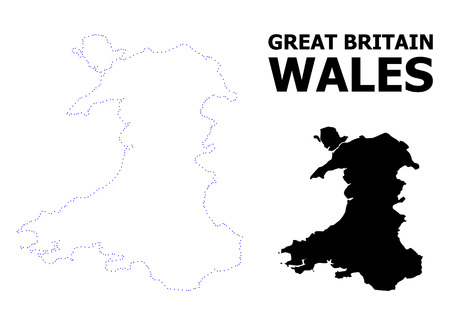 Vector contour Map of Wales with caption. Map of Wales is isolated on a white background. Simple flat dotted geographic map template.のイラスト素材
