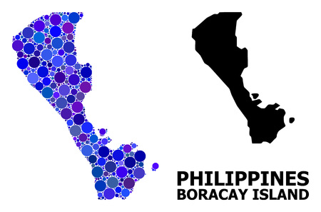 Blue round spot mosaic and solid map of Boracay Island. Vector geographic map of Boracay Island in blue color hues. Abstract concept is constructed from random round dots.のイラスト素材