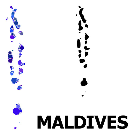 Blue circle dot mosaic and solid map of Maldives. Vector geographic map of Maldives in blue color tones. Abstract mosaic is constructed from randomized circle items.のイラスト素材