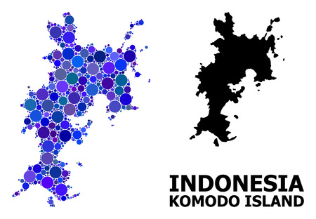 Blue circle mosaic and solid map of Komodo Island. Vector geographic map of Komodo Island in blue color variations. Abstract mosaic is done from randomized circle dots.のイラスト素材