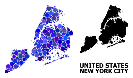 Blue round spot mosaic and solid map of New York City. Vector geographic map of New York City in blue color tinges. Abstract mosaic is combined with scattered sphere items.のイラスト素材