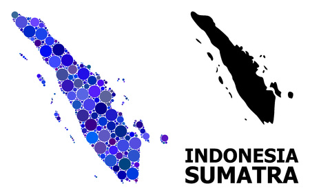 Blue circle mosaic and solid map of Sumatra Island. Vector geographic map of Sumatra Island in blue color tints. Abstract mosaic is organized from scattered circle pixels.のイラスト素材